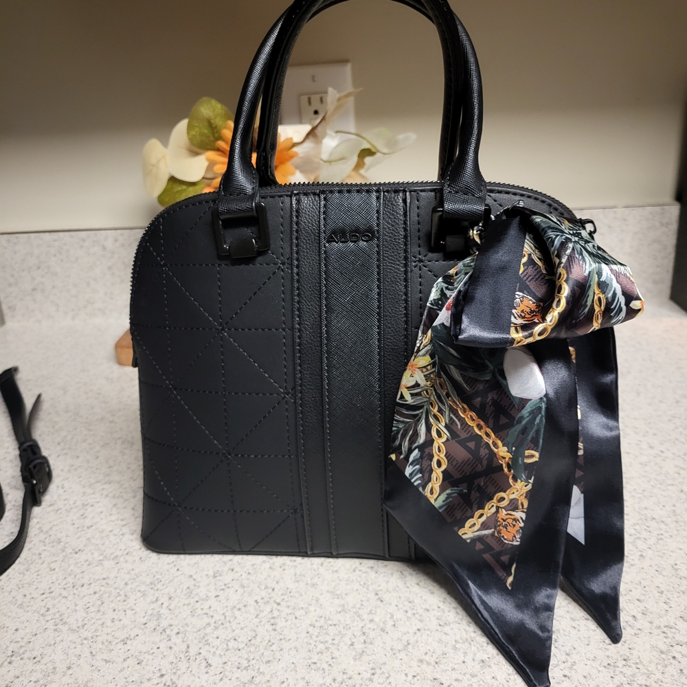 Aldo Black Satchel with Patterned Scarf